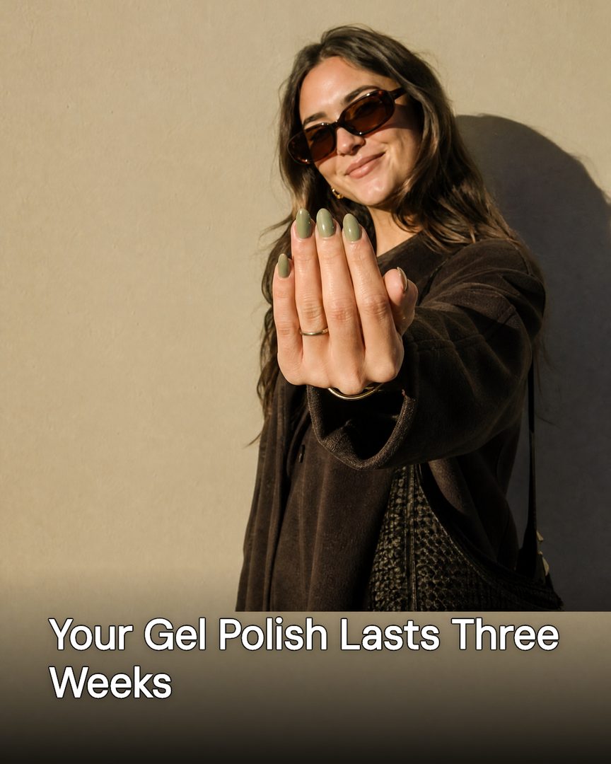 Generated post: client holding out a fresh olive gel manicure in the sun, headline about gel polish lasting three weeks baked into the image