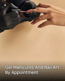 Generated post: gloved nail technician applying gel polish to a client's nails, headline about gel manicures by appointment baked into the image
