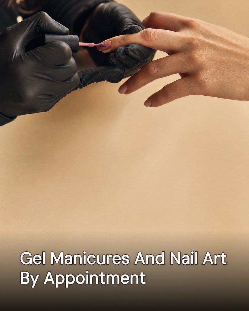 Generated post: gloved nail technician applying gel polish to a client's nails, headline about gel manicures by appointment baked into the image