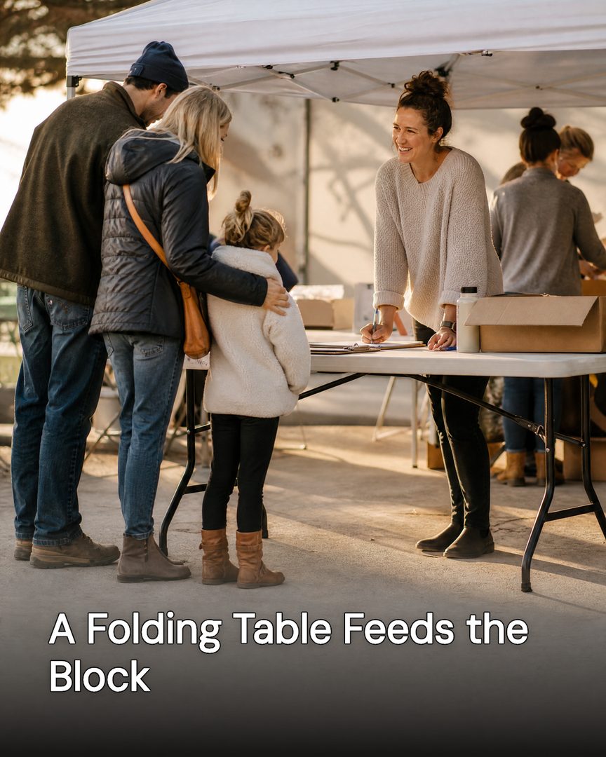 Generated post: family signing in at a folding table under a canopy at a community event, headline about a folding table feeding the block baked into the image