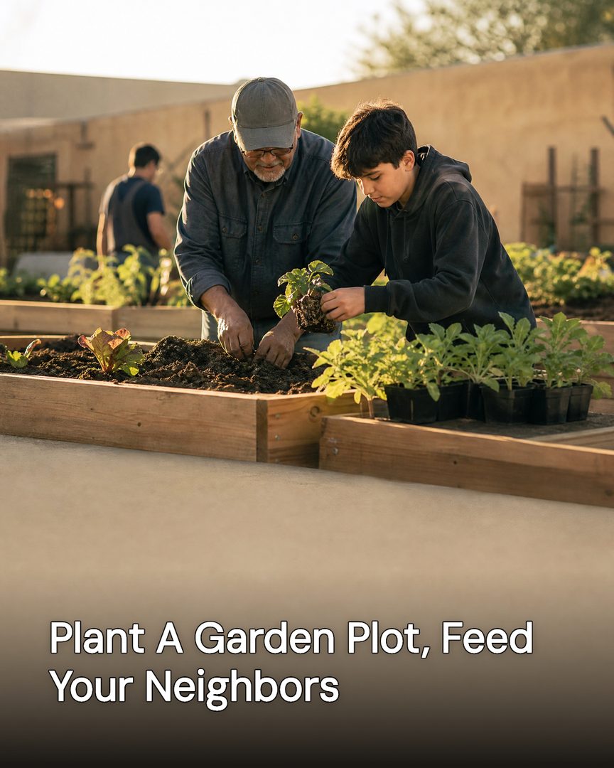 Generated post: two volunteers planting seedlings in raised garden beds, headline about planting a plot to feed neighbors baked into the image