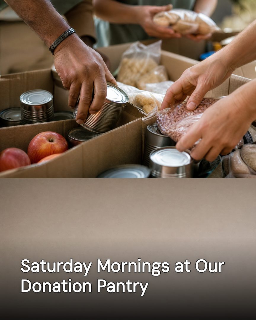 Generated post: volunteers' hands sorting canned food and produce into donation boxes, headline about Saturday mornings at the pantry baked into the image