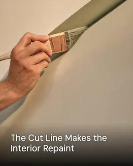 Generated post: painter's hand cutting a clean edge between two wall colors with a brush, headline about cut lines baked into the image