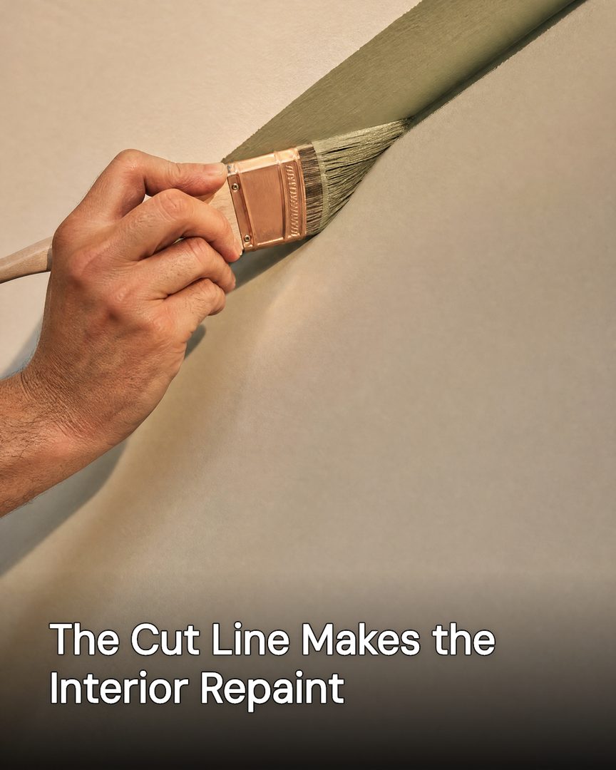 Generated post: painter's hand cutting a clean edge between two wall colors with a brush, headline about cut lines baked into the image