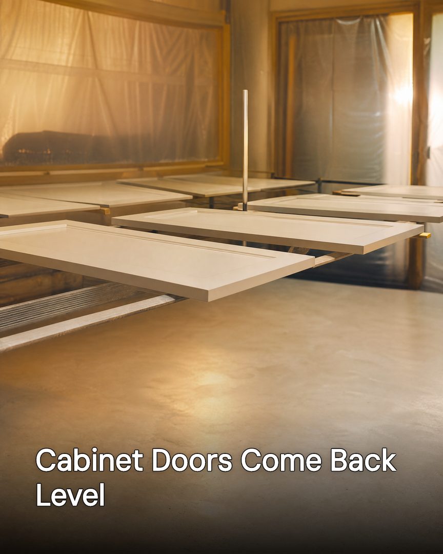 Generated post: refinished cabinet doors laid flat on drying racks in a masked spray room, headline about doors coming back level baked into the image