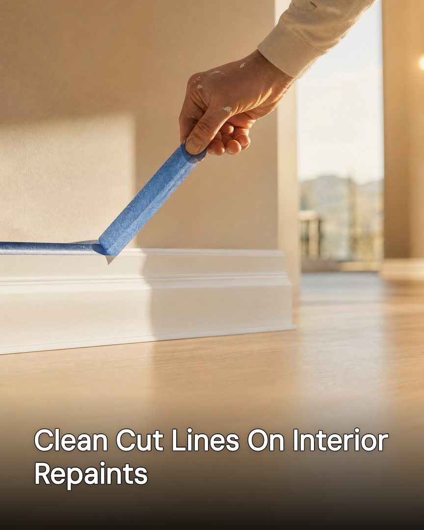 Generated post: hand pulling painter's tape off freshly painted baseboard trim, headline about clean cut lines baked into the image