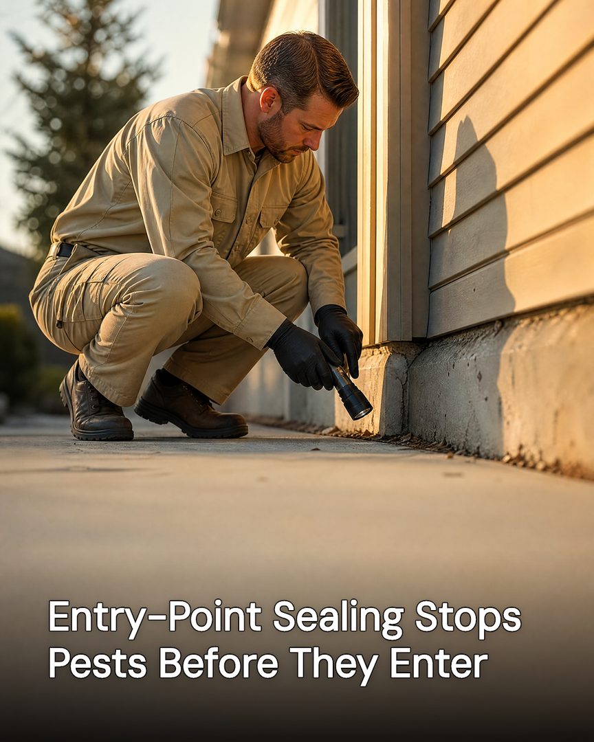 Generated post: pest technician crouched at a home's foundation line with a flashlight, headline about entry-point sealing baked into the image