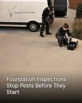 Generated post: two technicians unloading equipment beside a Foxtail Pest Prevention van, headline about foundation inspections baked into the image