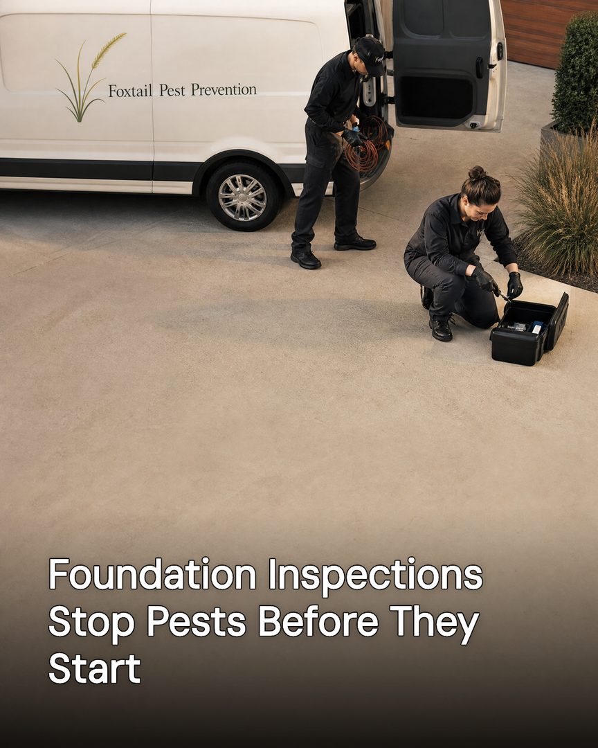 Generated post: two technicians unloading equipment beside a Foxtail Pest Prevention van, headline about foundation inspections baked into the image