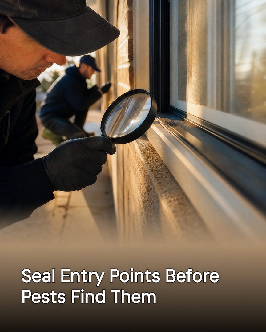 Generated post: technician examining a window-sill seam with a magnifier, headline about sealing entry points baked into the image