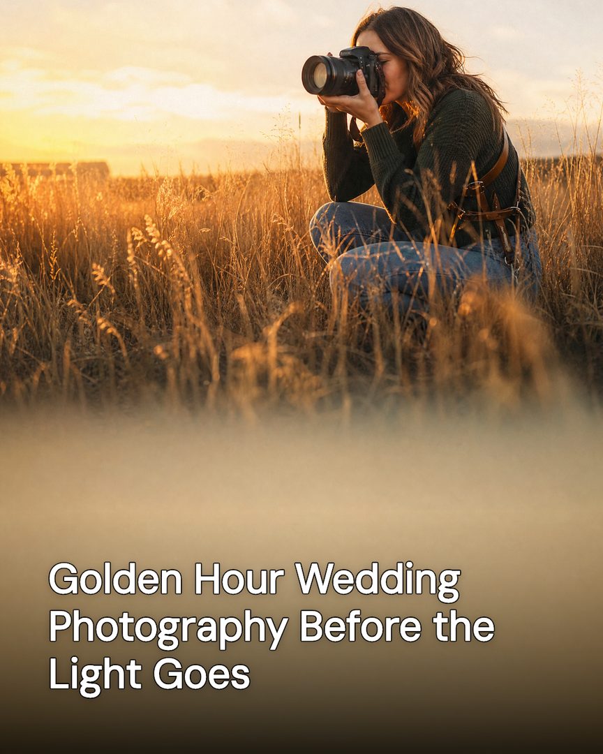 Generated post: photographer crouched in a golden field shooting into the sunset, headline about golden hour wedding photography baked into the image