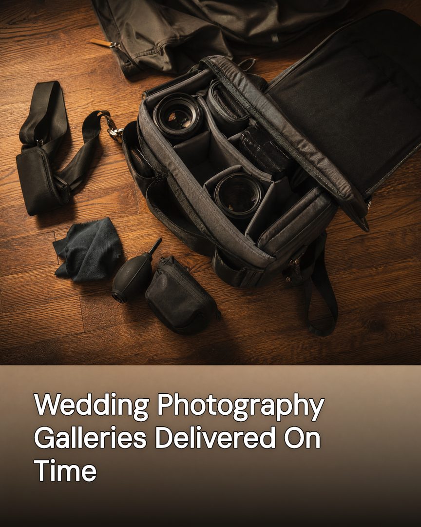 Generated post: camera bag packed with lenses and gear on a wood floor, headline about wedding galleries delivered on time baked into the image