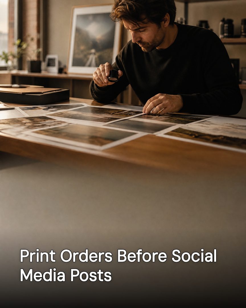 Generated post: photographer reviewing printed proofs with a loupe at a studio desk, headline about print orders before social media posts baked into the image
