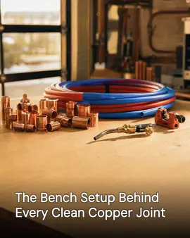Generated post: copper fittings, coiled red and blue PEX tubing, a brazing torch and a pipe cutter arranged on a wooden workbench in a plumbing shop, headline about the bench setup behind every clean copper joint baked into the image