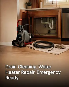 Generated post: a drain-cleaning cable machine and coiled cable resting on a towel in front of an opened kitchen sink cabinet with a small tray of tools laid out beside it, headline about drain cleaning, water heater repair and being emergency ready baked into the image