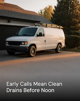 Generated post: a plain white service van with a roof ladder rack parked in a residential driveway at golden hour, headline about early calls meaning clean drains before noon baked into the image