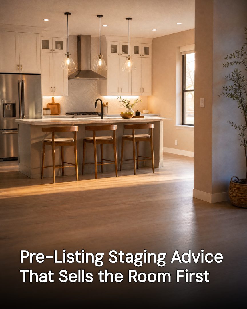Generated post: warm staged kitchen with island seating, headline about pre-listing staging baked into the image