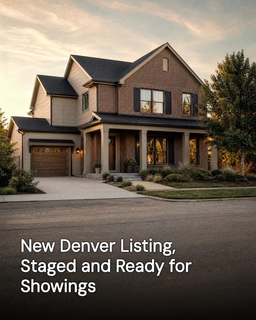 Generated post: staged two-story brick listing at dusk, headline about a new Denver listing baked into the image