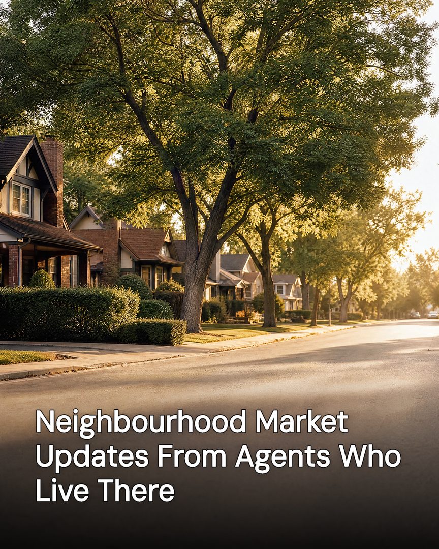 Generated post: tree-lined residential street in golden light, headline about neighbourhood market updates baked into the image