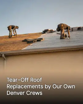 Generated post: roofing crew laying underlayment during a tear-off, headline about Denver crews baked into the image