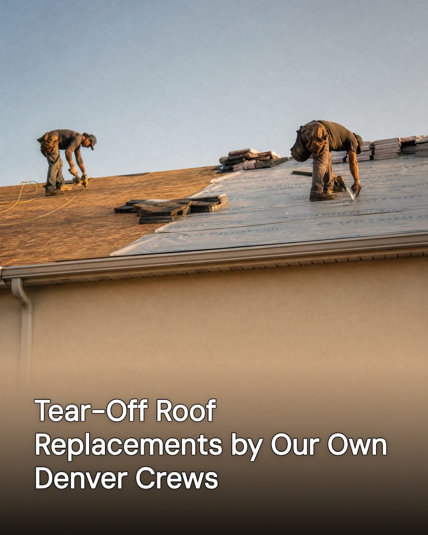 Generated post: roofing crew laying underlayment during a tear-off, headline about Denver crews baked into the image