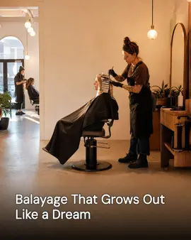 Generated post: stylist placing foils on a client in a salon chair, headline about balayage baked into the image