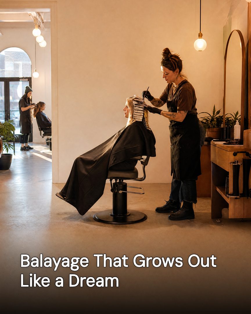 Generated post: stylist placing foils on a client in a salon chair, headline about balayage baked into the image