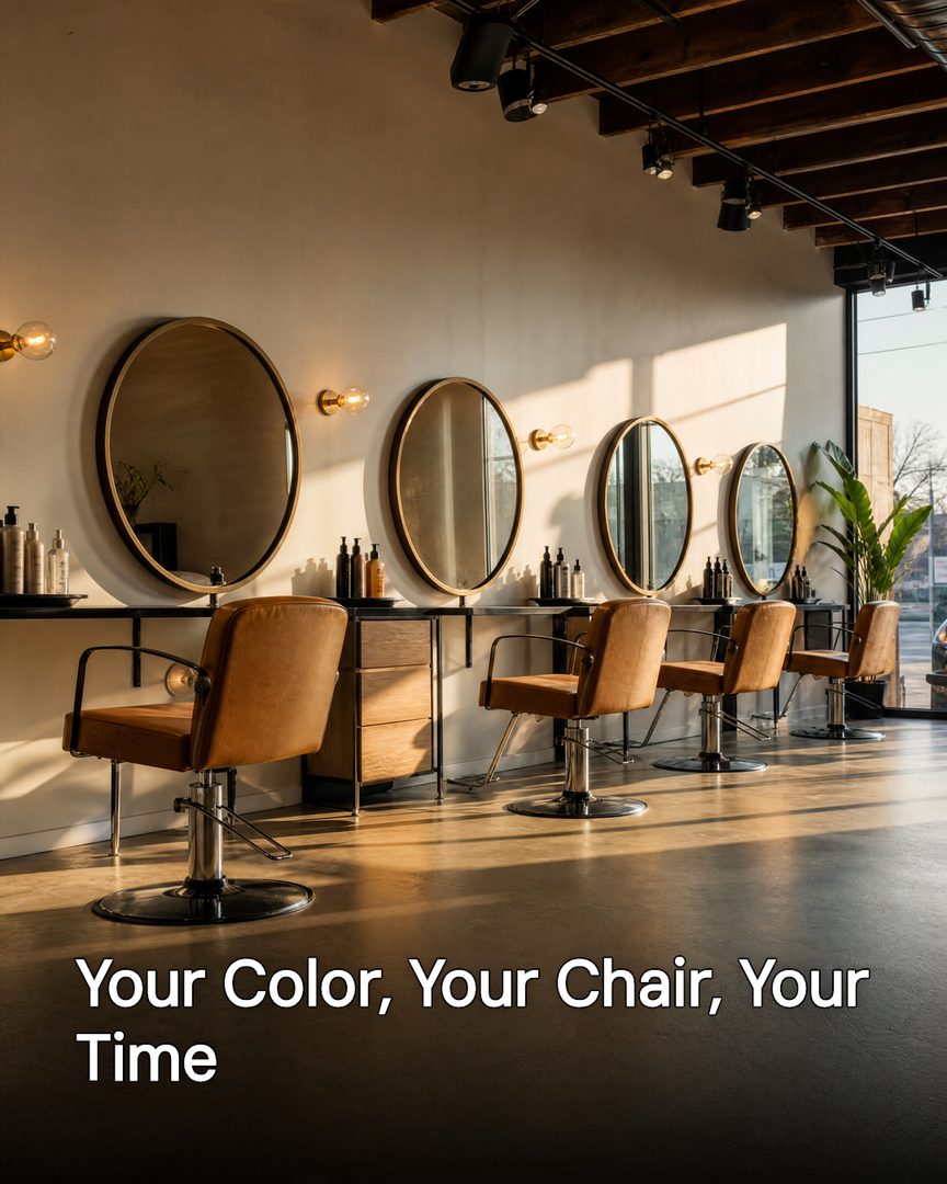 Generated post: empty salon interior with round mirrors and leather chairs in morning light