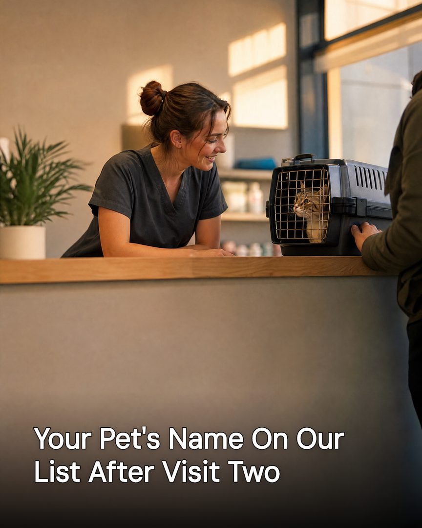 Generated post: front-desk tech greeting a cat in a carrier at the clinic counter, headline about knowing your pet's name by visit two baked into the image