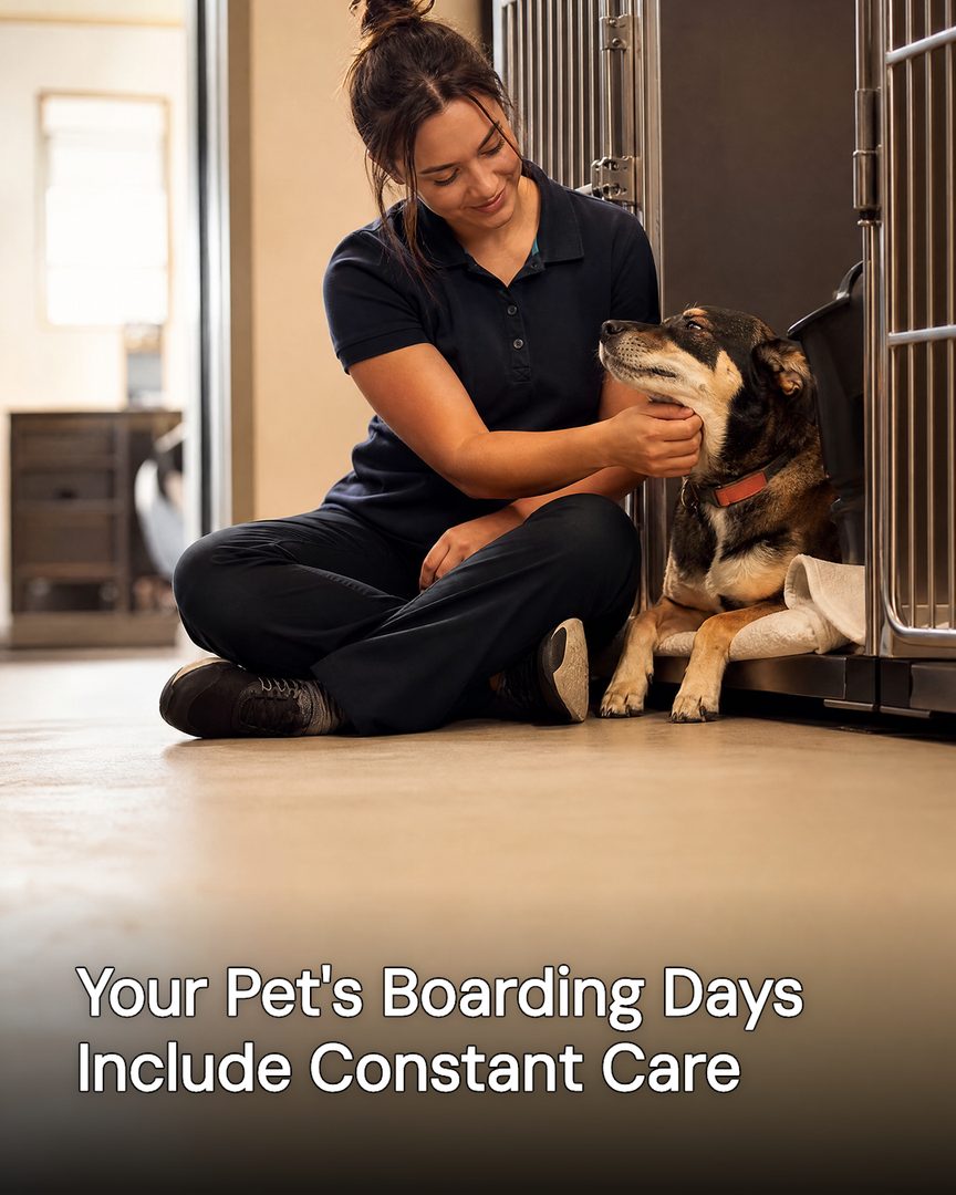 Generated post: vet tech sitting on the floor beside a boarded dog at its kennel, headline about constant care during boarding baked into the image