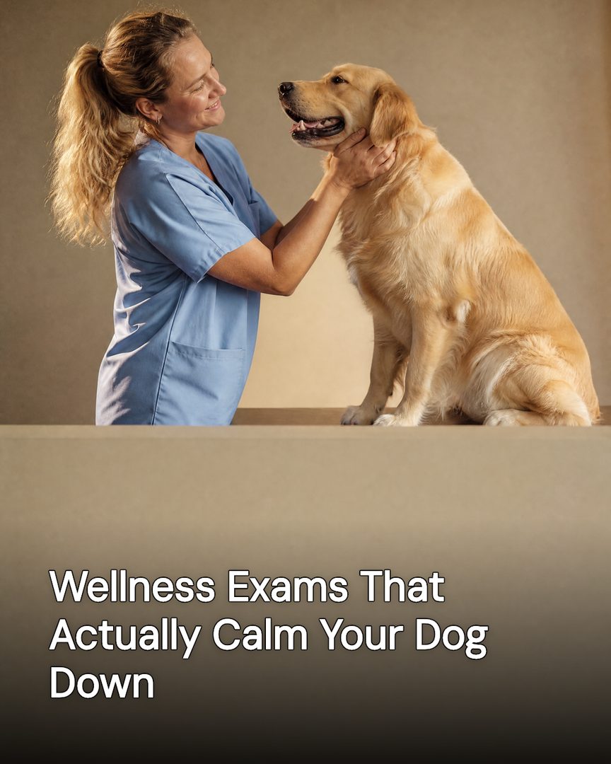 Generated post: veterinarian calming a golden retriever during a wellness exam, headline about calm wellness exams baked into the image